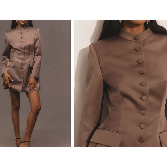 Anthropologie Mare Mare Taupe, Long Sleeve, Button Front Mini Dress NWT- 2XS - Picture 2 of 12